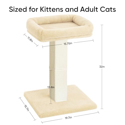 Cat Scratching Post, 32”Cat Scratcher with Large Plush Perch, Sisal & Carpet Scratching Post, Vertical Posts with Elevated Bed for Indoor Cats, Removable& Washable Cover, Beige - color: Beige with Bed