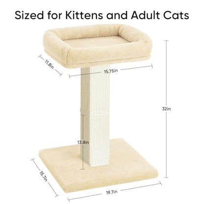 Cat Scratching Post, 32”Cat Scratcher with Large Plush Perch, Sisal & Carpet Scratching Post, Vertical Posts with Elevated Bed for Indoor Cats, Removable& Washable Cover, Beige - color: Beige with Bed