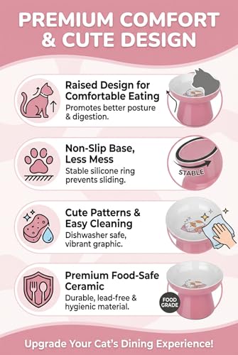 Elevated Cat Food Bowls 2 Pack,Ceramic Raised Cat Bowls with Non-Slip Base,Whisker Friendly Shallow Design for Dry & Wet Food,Anti-Vomiting Cat Feeder,Dishwasher & Microwave Safe (Pink&Blue) - color: Pink&Blue