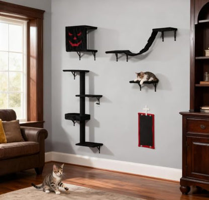 5 Pcs Wall-Mounted Climber Set, Wood Indoor with Shelves and Perches, Ladder, Condo House, Scratching Board and Tree, Wall Shelves Furniture for Cats (Black&Red) - color: Black&Red