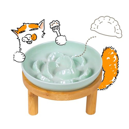 Slow Feeder Bowl, 6.3″ Elevated Cat Bowl with Stand, Melamine Wide Shallow Food Bowl, Whisker-Friendly Raised Plate, Wet Food Feeder for Slow Eating (Green) - color: Green, size: 1 Pack with Stand - 6.3''W x 1.5''H
