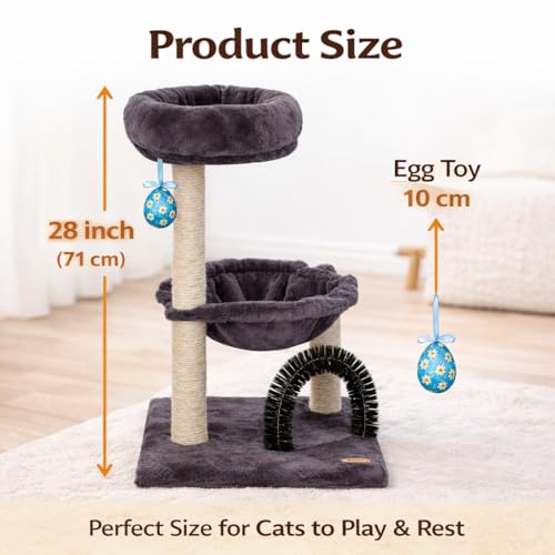 Simple Deluxe 27.8" Small Cat Tree with Easter Eggs,Multi-Level Cute Cat Tree with Scratching Post| Plush Hammock| Perch| Random 3 Pcs Easter Eggs| Groomer Brush for Kittens Play & Rest - color: Smoky Gray & Easter Eggs