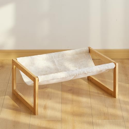 kiplant Elevated Cat Bed, Large Cat Hammock Bed, Bamboo Wood Cat Hammock for Outdoor, 25 X 16.5 Inch Elevated Pet Furniture Suitable for Kitty, Puppy, Rabbit, Bunny and Small Animal - color: Beige, size: Large
