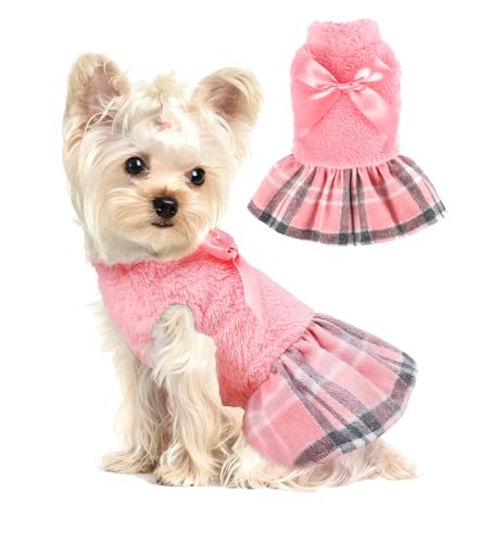 Flannel Dog Dress, Medium, Pink for Small Dogs, Plaid, Pull On, Turtle Neck, Warm & Soft, Comfortable, Classic Style - color: #1 Pink, size: Medium (Chest 18.5 in)