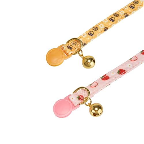 2 Pack Cotton Cat Collar, Removable Bowtie, Floral Pattern, Safety Breakaway Clasp, Adjustable for Cats.(Adult Cat, Bee+Strawberry) - color: 2 Pack (Bee+Strawberry)