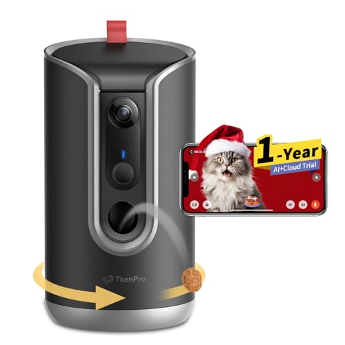 TKENPRO Pet Camera Treat Dispenser [1-Year Trial: Cloud + AI Features Included], 2K Dog & Cat Cam, Remote Treat Tossing, 360° Auto Tracking, 5G/2.4G WiFi Compatible, 2-Way Talk, Motion Alerts Indoor - color: Blackish gray