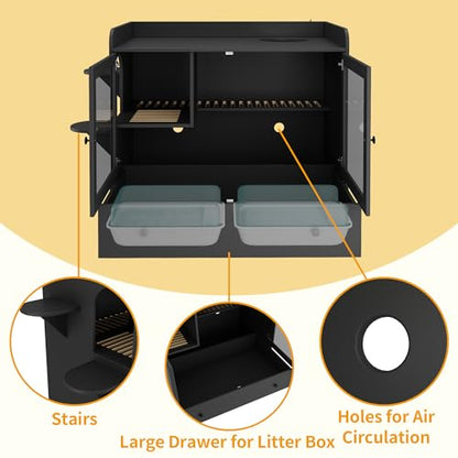 Extra Large Cat Litter Box Enclosure Furniture Hidden, Cat Condo Cabinet Pet House with Stairs for 2, Nightstand Side Table witha Large Drawer for Living Room, Black - color: Black