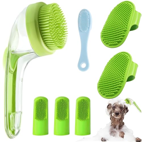 7 PCS Pet Bath Brush Set, Dog Bath Brush with Shampoo Dispenser, Cat Chin Cleaning Brush, Dog Toothbrush, Adjustable Glove Massage Brush, Pet Scrubber for Bathing Long Short Haired Dogs Cats (Green) - color: Green