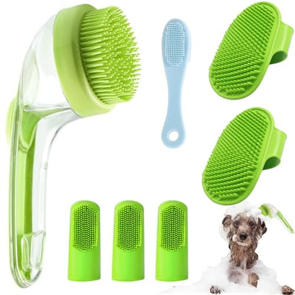 7 PCS Pet Bath Brush Set, Dog Bath Brush with Shampoo Dispenser, Cat Chin Cleaning Brush, Dog Toothbrush, Adjustable Glove Massage Brush, Pet Scrubber for Bathing Long Short Haired Dogs Cats (Green) - color: Green