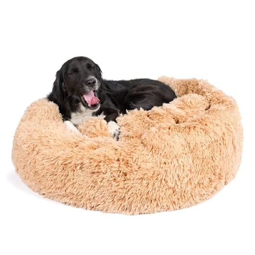 Barkbox Dog Bed Memory Foam Donut Cuddler - Calming Orthopedic Joint Relief Fur Crate Lounger for Pets, Machine Washable + Removable Cover, Waterproof Lining, Includes Toy - Larger Pets - 65lbs - color: Sand, size: Large