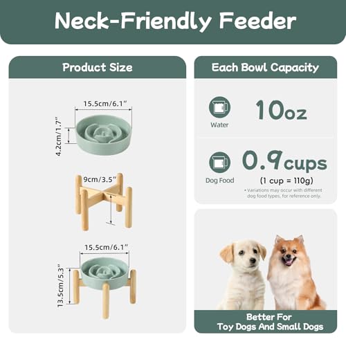 Havniva 6.1” Raised Slow Feeder Dog Bowls, 0.9 Cups Ceramic Dog Bowl Slow Feeding for Small Breed, Elevated Puzzle Dog Food Bowl with Wooden Stand Non-Slip Anti-Gulping & Anti-Choking - color: 1 x Light Green+Stand-A, size: 6.1inch-New