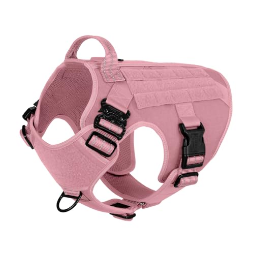 ICEFANG Tactical Dog Harness,Large Size, 2X Metal Buckle,Working Dog MOLLE Vest with Handle,No Pulling Front Leash Clip,Hook and Loop Panel (Pink, L (Pack of 1)) - color: Pink, size: Large (Pack of 1)