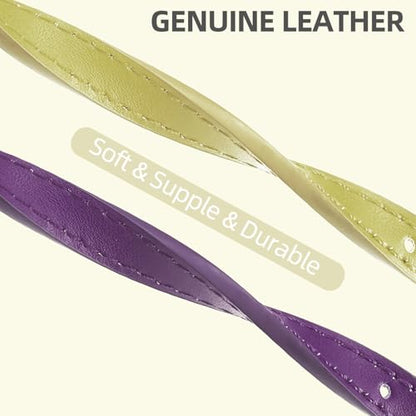 PUPTECK 2 PCS Soft Genuine Leather Cat Kitten Collar with Bells Adjustable for Girl Boy Cats Puppy - Yellow Green, Deep Purple - color: Yellow Green & Deep Purple