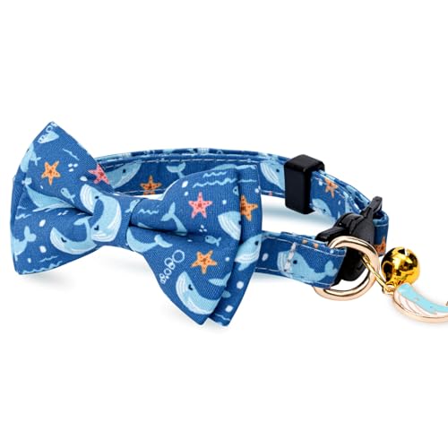 2 Pack Cotton Cat Collar with Bow Tie and Bell for Girl Boy Cats,Cute Pink Flamingo and Blue Whale Pattern Spring Summer Breakaway Cat Collar for Male Female Cats (Flamingo&Whale) - color: Flamingo&Whale