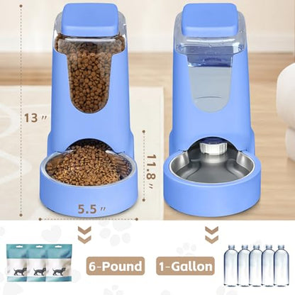 HWONMTE Portable Automatic Cat Feeder and Water Dispenser with Stainless Steel Bowl Dog Gravity Food Feeder and Waterer for Small Medium Pets Puppy Kitten 1 Gallon x 2 (Sapphire Blue) - color: Sapphire Blue