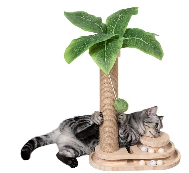 Meowoou Cat Scratching Post Cat Scratcher Interactive Toy with Dangling Ball for Indoor Kitten 2 Layer Base Wooden Ball Track 17.7" Tall Modern Sisal Scratch Pole - size: 18 in Ball Track