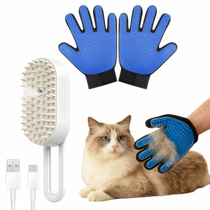 CealumVita Deshedding Glove and Cat Steam Brush,cat grooming set，pet hair removal tool ，with Massage for Dogs and Cats Grooming (Beige spray cmb+gloves-1pair) - color: Beige spray cmb+gloves-1pair