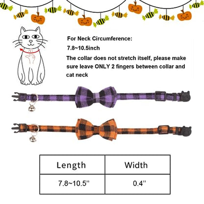 ADOGGYGO Halloween Cat Collars Breakaway with Removable Bowtie Bell, 2 Pack Orange Purple Plaid Halloween Bow Collar for Cats Kittens - color: Orange&Purple-1