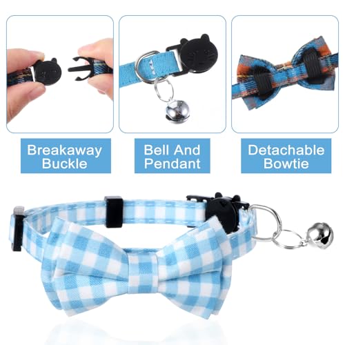 3pcs Bow Tie Cat Collar with Bells, Breakaway Bowtie Plaid Cat Collar, Soft Adjustable Bow Cats Collars for Kitten Puppy and Small Pets - color: blue