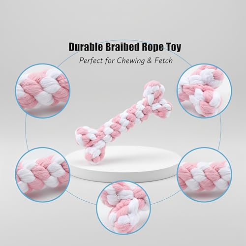 Dog Rope Toys Set with Bone-Shaped Chew Toy, Durable Cotton Rope Toys for Teething, Training, and Interactive Play for Small to Medium Dogs (Pink & White)