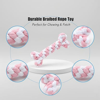 Dog Rope Toys Set with Bone-Shaped Chew Toy, Durable Cotton Rope Toys for Teething, Training, and Interactive Play for Small to Medium Dogs (Pink & White)