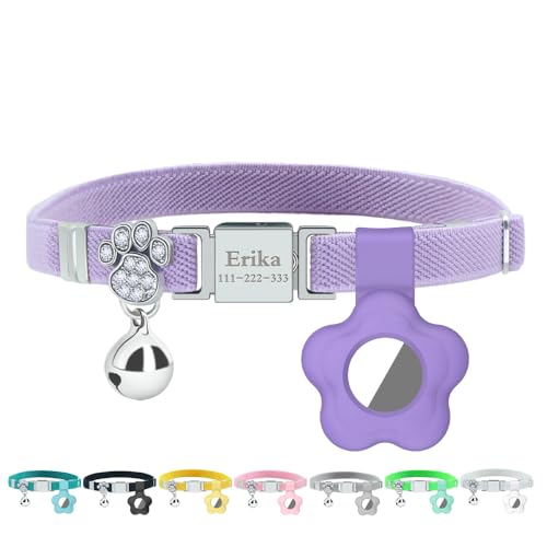Personalized Safety Elastic Cat Collars with Bell Soft Silicone Cover for Air Tag,Laser Customized Stretch Kitten Collars for Girls Boys Cats (Purple) - color: Purple