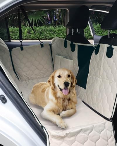 PETICON Dog Car Seat Cover with Mesh Window, 100% Waterproof Pet Seat Cover for Back Seat, Scratchproof Dog Hammock for Cars, Trucks, SUVs, Jeeps, Beige - color: beige-Y