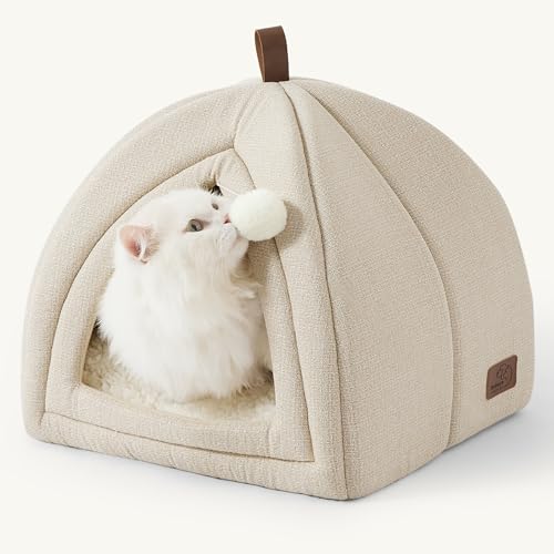 Bedsure Cat Beds for Indoor Cats- 2 in 1 Cat Cave House Tent for Kittens and Small Pets with Removable Washable Cushioned Pillow, Foldable Kitten Hideaway with Non-Slip Bottom, Beige, 16 inches - color: Beige, size: M(16x16x16)