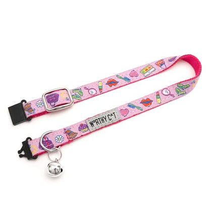 THE WORTHY DOG Patterned Fashionista Cat Collar with Bell, Adjustable Nylon Safety Collar, Pink, One Size - color: Pink-Fashionista