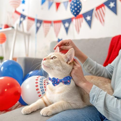 SCENEREAL Independence Cat Collar with Bells, 2 Pack Breakaway Cat Collars with Removable Bowtie Bandana, Adjustable Cute Kitten Collar for Pet Small Dogs Boys Girls - color: Bandanas & Bow (Independence Day - Dark Blue)