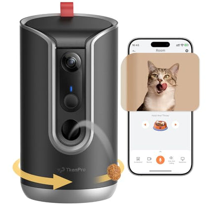 TKENPRO 2K Pet Camera Treat Dispenser, AI Photo Album, Dog Camera with 360° Auto Tracking & 5G/2.4G WiFi, 2-Way Talk, Remote Treat Tossing, Motion Alerts for Cats Indoor - color: Black