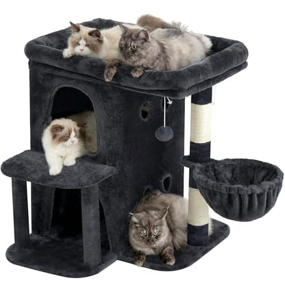 Heybly Cat Tree, 26.3-inch Cat Tower with Spacious Top Perch for Large Cats, Stair-Style Cat House Furniture with Dual-Layer Condos, Sisal Scratching Posts, Cozy Basket & Pompom, Smoky Gray HCT204SG - color: Smoky Gray, size: 26.3 inch