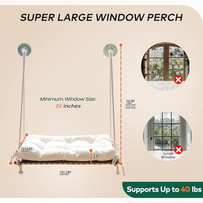 Cat Window Perch for Indoor Cats, Wooden Cat Bed for Window with Washable Cushion, Hanging Kitty Hammock Suitable for Small-to-Large Cats