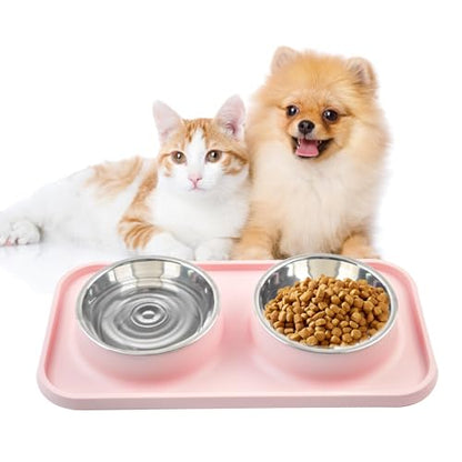 Double Dog Food Bowls with Mat,Stainless Steel Dog Bowls with No Spill Non Skid Silicone Mat Removable Cats Water and Food Bowl Set for Puppy Cats Kitten Small Medium Dogs(Pink) - color: 【Pink】