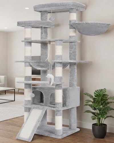Heybly Tall Cat Tree, 78-inch Multi-Level Cat Tower for Indoor Cats, 2 Widened Plush Perches Cat Condo with Scratching Board and Big Caves, Light Gray HCT033W - color: Light Gary, size: 79 inch