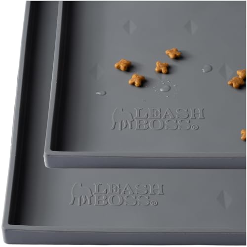 Leash Boss Dog Food Mat - 2-Pack, Waterproof Cat & Dog Bowl Mat for Food and Water, Silicone Pet Feeding Mats for Floors, Non-Slip Placemat with High Edges, Puppy Essentials (Small: 18"x11", Gray) - color: Grey, size: 2 Pack - S - 18" x 11