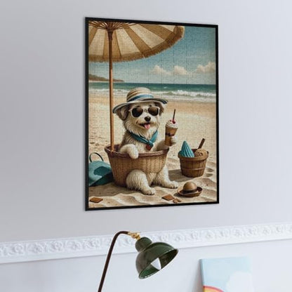 Havanese Dog at The Beach 1000-Piece Wooden Jigsaw Puzzle, Playful Dog Illustration, Family Entertainment, Cozy Indoor Fun - color: #2