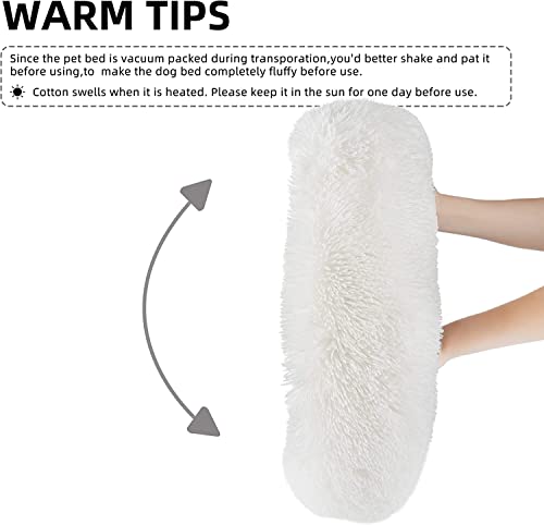 White Faux Fur Cat & Dog Beds 20 inches - Washable Dog Beds for Small Medium Dogs, Anti-Anxiety, Round Plush, Fluffy Thick Bottom - color: Cream, size: Medium
