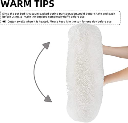 White Faux Fur Cat & Dog Beds 20 inches - Washable Dog Beds for Small Medium Dogs, Anti-Anxiety, Round Plush, Fluffy Thick Bottom - color: Cream, size: Medium