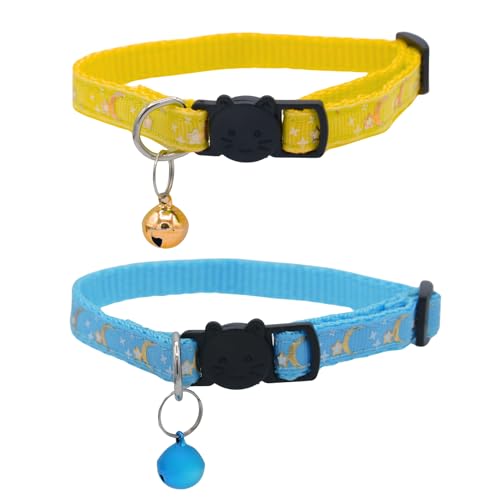 Set of 2: KioKatt Celestial Nylon Cat Collars with Matching Bells – Adjustable Breakaway Safety Collars for Adult Cats, 7–11" (Yellow + Soft Blue) - color: Yellow + Soft Blue