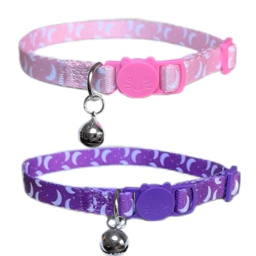 Pack of 2 Cat Collars Breakaway with Bell Safety Buckle, Moon Style, Adjustable Cute Comfy Kitten Collars for Girl Boy Kitty Puppy Small Pets, 8-11" - color: Purple & Pink, Pack of 2