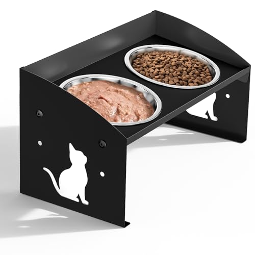Elevated Cat Bowls with Splash Proof, 12°Tilted No Spill Raised Cat Food Water Bowls Set, Stainless Steel Pets Dishes with Adjustable Cute Metal Stand for Indoor Kitten Puppy, Anti-Vomiting