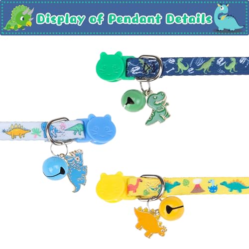 Breakaway Cat Collars with Bell & Cute Pendants, 3 Pack Safety Buckle Kitten Collars, Adjustable Pet Collar Ideal for Girl Boy Cats Puppy (Style A - Dinosaur) - color: Style A - Dinosaur