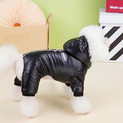 Izefia Dog Coat Windproof Jacket Cold Weather Coats 4 Legs Warm Jumpsuit Winter Thick Clothes Snow Proof Cotton Coat for Small Dog Medium Cat Black XL - color: Black, size: X-Large (Back length: 12.6 inches)