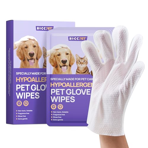 HICC PET Cleaning Deodorizing Glove Wipes for Dogs & Cats, Vet Recommended Hypoallergenic Hydrating & Nourish Fur Pet Grooming Glove Wipes, Pet Bathing Wipes for Horse Coat Care,6pcs Unscented - size: 6 PCS