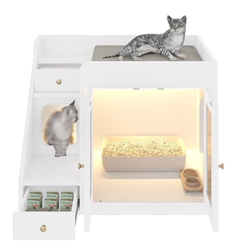 Merax Cat Litter Box Enclosure Furniture with Light,Hideaway Litter Box Furniture with 2 Storage Drawers for Living Room,White - color: White