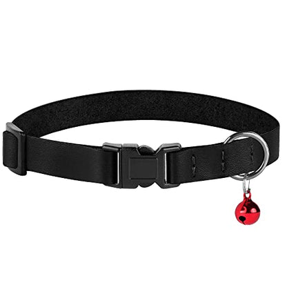 Breakaway Cat Collar with Bell - Leather Adjustable Kitten Collars with Safety Quick Release Buckle - Soft Small Pet Collars for Girl & Boy Cats - color: Black