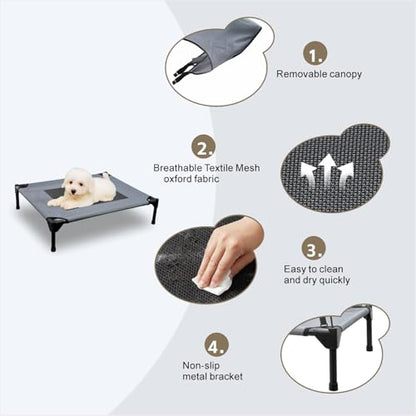 Outdoor Elevated Dog Bed with Canopy, Cooling Elevated Pet Cot with Removable Shade, Non-Slip Feet, Breathable Mesh for Small Dogs Camping