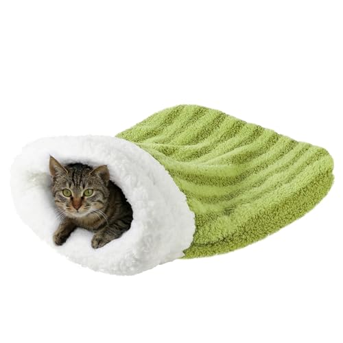 Cat Sleeping Bag Tunnel 360° Wrap Pet House Bed Warm Winter Sleeping Cuddler Cushion Hideaway Cave Plush Portable Soft Washable Room for Small Kitten Puppy Animals - color: Green
