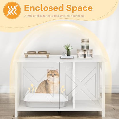 Shintenchi Cat Litter Box Enclosure, Litter Box Furniture Hidden with Removable Divider, Cat House with End Table, White, 31.5 inch - color: White
